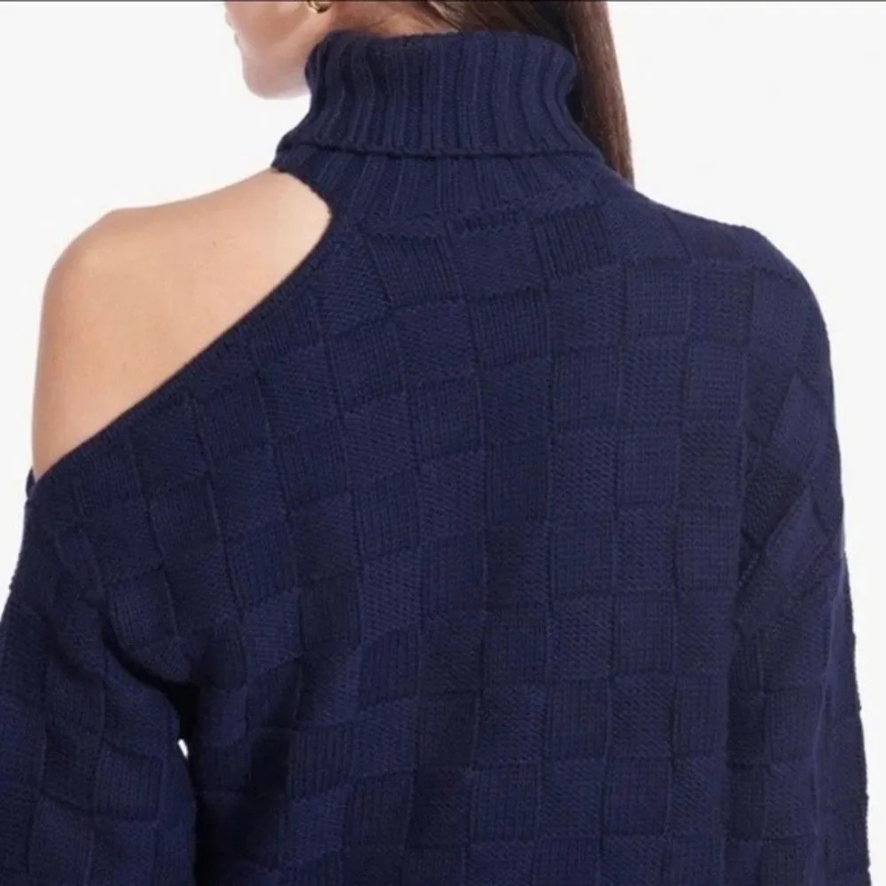 NEW STAUD Rocky Cut Out Navy Blue Basket Weave Turtleneck Sweater Size Small - Picture 2 of 8